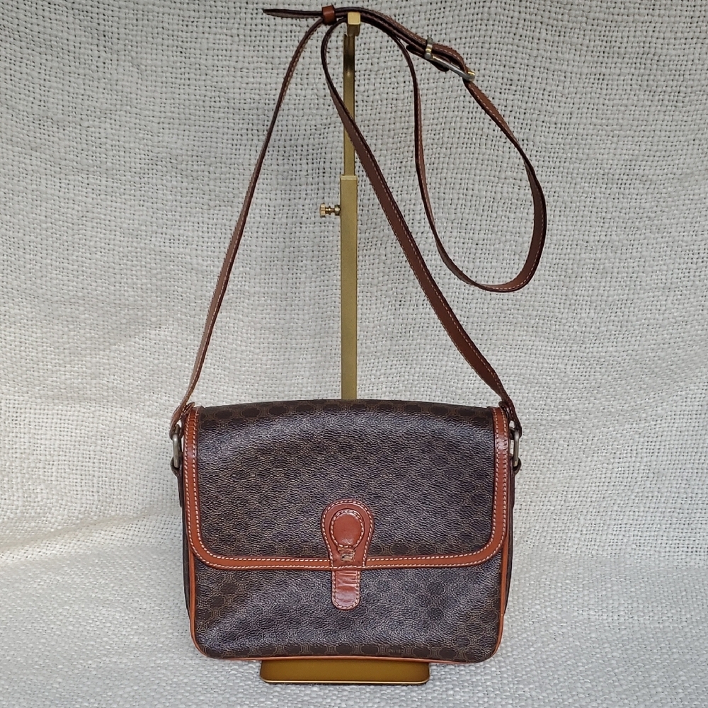 CELINE Brown Macadam Flap Crossbody Bag